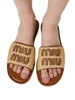 Miu Miu Raffia-effect woven Beig slides - Image 4