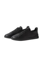 Zegna black leather triple stitch sneakers - Image 2